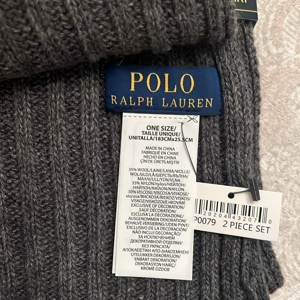 Brand New Polo Ralph Lauren 2-Piece Knit Beanie Hat & Scarf Set Gray Wool Pony